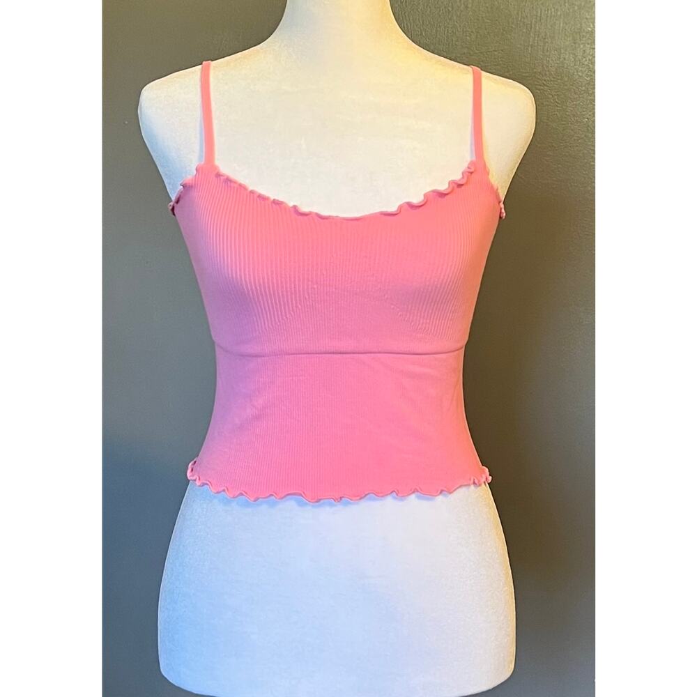 Nux Seamless Ribbed Pink Cami Tank w/ Spaghetti Straps & Lettuce Edge Trim Sz M